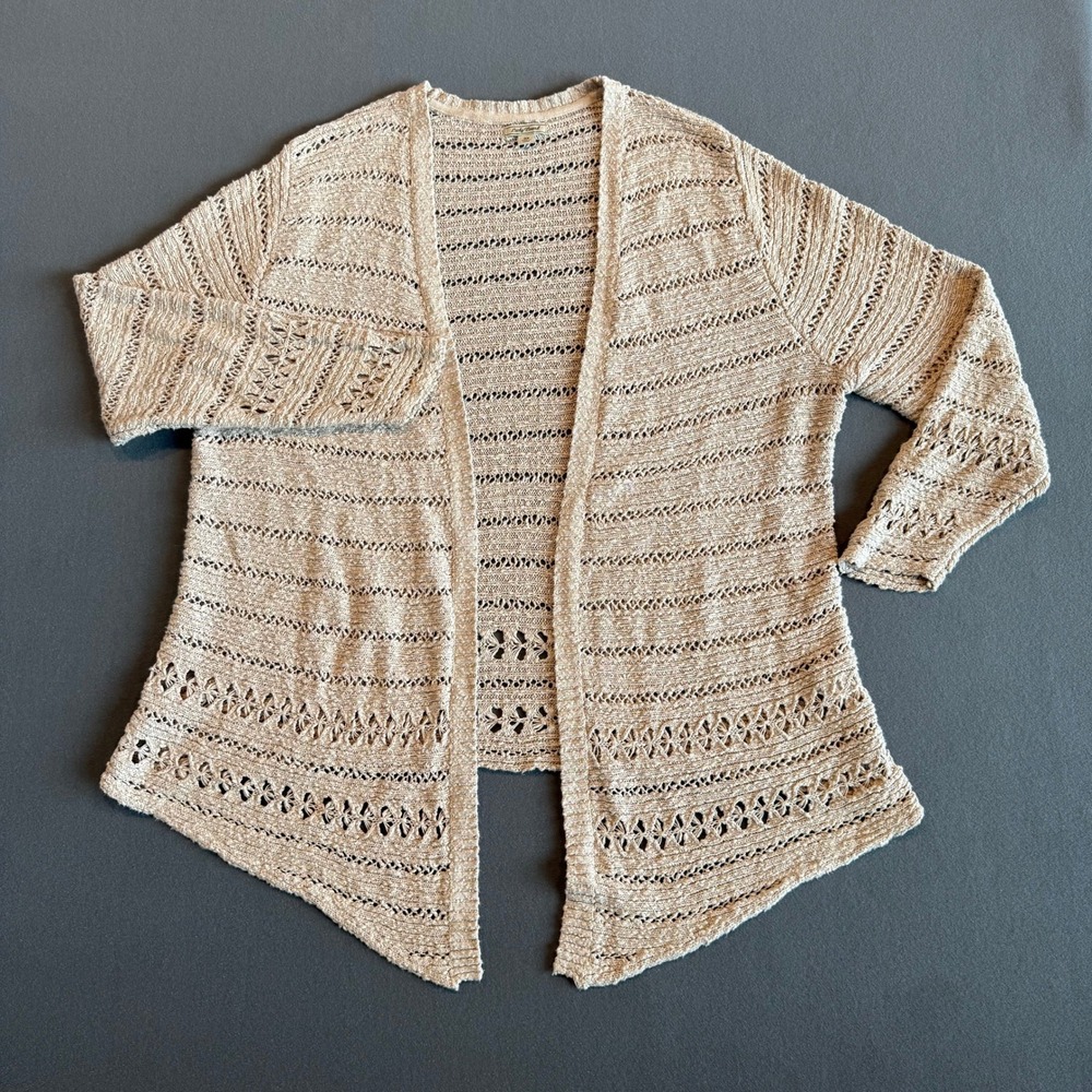 Lucky Brand Open Front Cardigan 3X Beige 100% Cotton Open Knit Boho